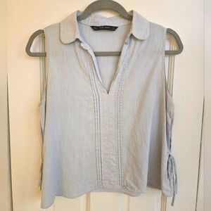 ZARA BASIC Blue Cotton Sleeveless V-Neck Collared Cropped Top Medium Clean Girl